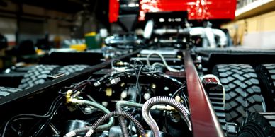Close-up of a truck chassis with exposed wiring and tires.