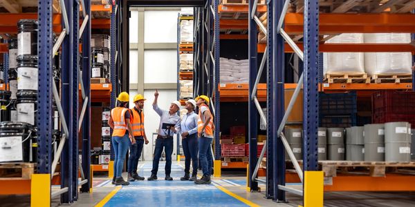 Warehouse workers in safety gear discussing logistics amid tall shelves of goods.
