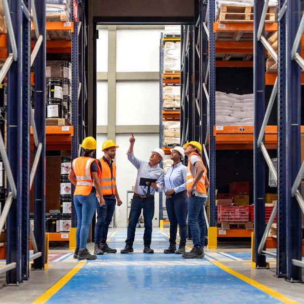 Warehouse workers in safety gear discussing logistics inside a storage facility.