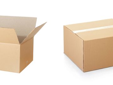 Two cardboard boxes, one open and one closed.