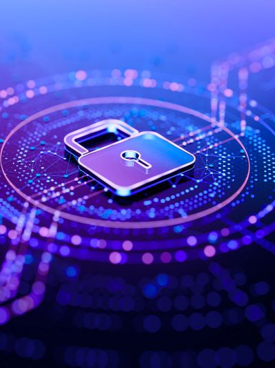 A glowing padlock surrounded by digital circuitry in blue and purple hues.