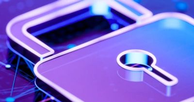 A glowing purple padlock representing security.