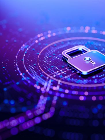 A glowing padlock symbol on a digital circuit board.