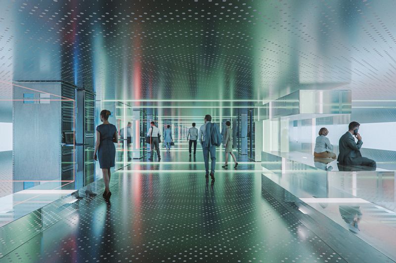 Business people walking in futuristic corridor. 3D generated image.