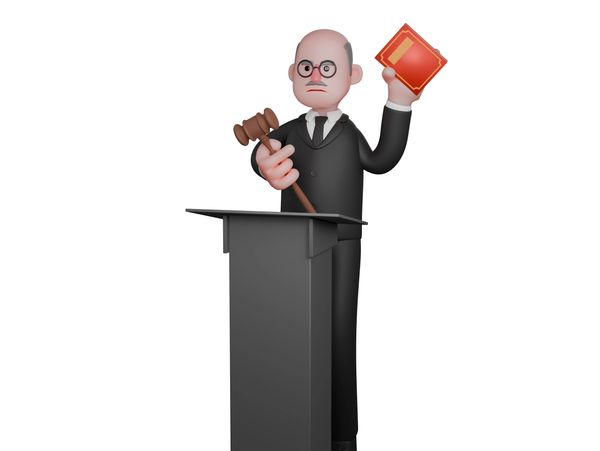 Judge holding a gavel and a red book behind a podium.