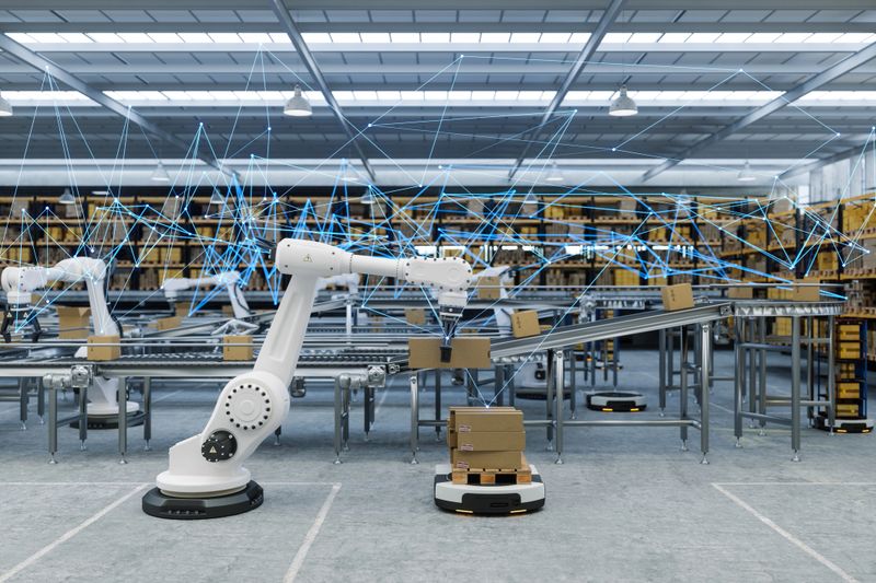 Distribution Warehouse With Plexus, Automated Guided Vehicles And Robots Working On Conveyor Belt