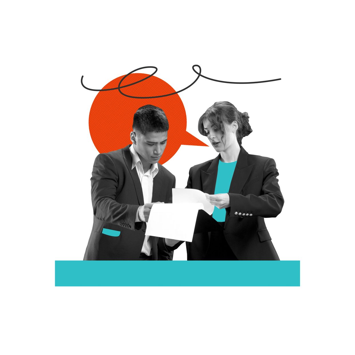 Two professionals reviewing documents with graphic design elements.