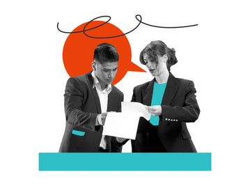 Two professionals reviewing documents together with a red speech bubble background.
