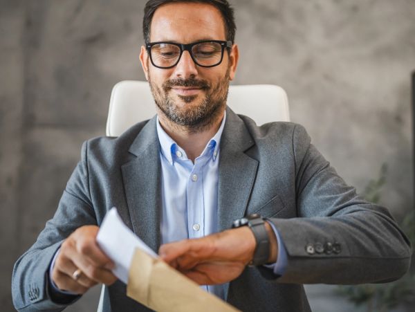 Man opening an envelope in an office.