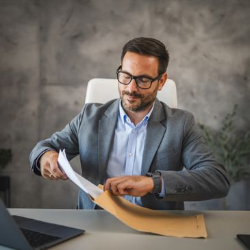 Man in suit organizing documents at his desk.