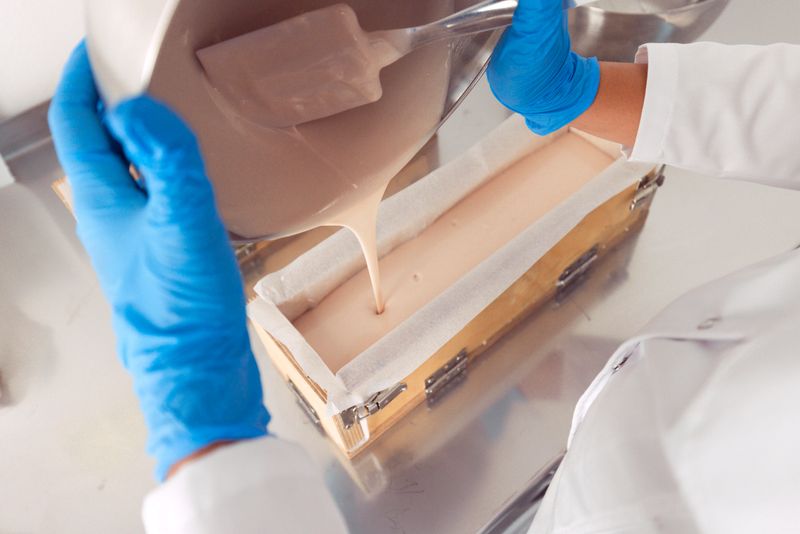 An unrecognizable woman in protective gloves pours a mixture of handmade natural soap into a mold