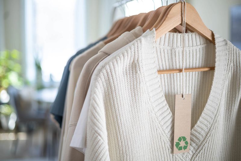 Recycling Products Concept. White knitted clothes hanging on a wooden hanger with a white label Recycling.