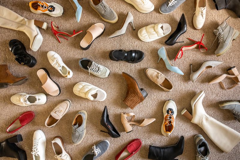 Different female shoes abstract arrangement on beige carpet flooring fashion shopping background. Woman femininity footwear random lying on floor unreasonable consumption vogue trendy backdrop