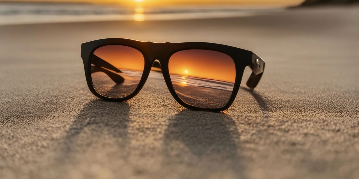 Sunglasses reflecting a beach sunset.