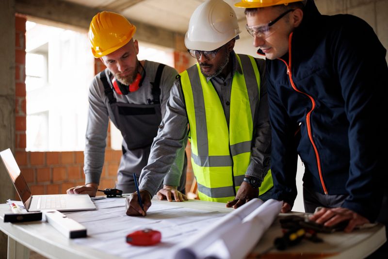 Engineer and construction workers discussing the blueprint project at the construction site