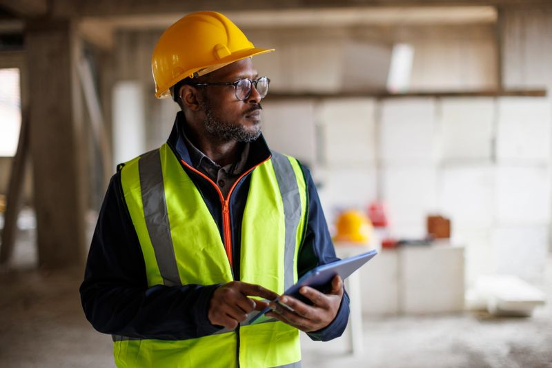 Portrait of male engineer with hardhat using digital tablet while working on construction site