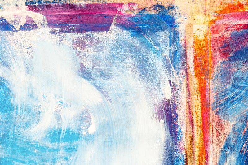 An abstract colorful textured background featuring dynamic brush strokes in shades of blue, red, purple, orange and white. The painting incorporates vibrant colors and visible texture, created with a mixed-media acrylic technique. The composition has a layered appearance, with rough and expressive brushwork that conveys a sense of movement and energy. The grunge texture and bold use of color create an engaging and contemporary look, ideal for modern design projects or wall art. The distressed, chaotic yet visually captivating pattern offers a versatile and artistic backdrop. This image is perfect for use in creative endeavors where vibrant, expressive, and visually textured elements are desired. It includes ample copy space for text, making it suitable for advertising, promotional materials, or any design context requiring an abstract yet striking visual foundation.