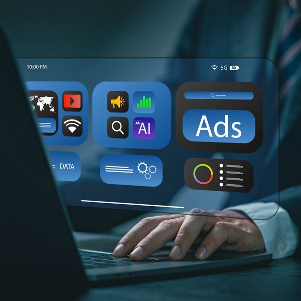 Person using laptop with digital advertising interface overlay.