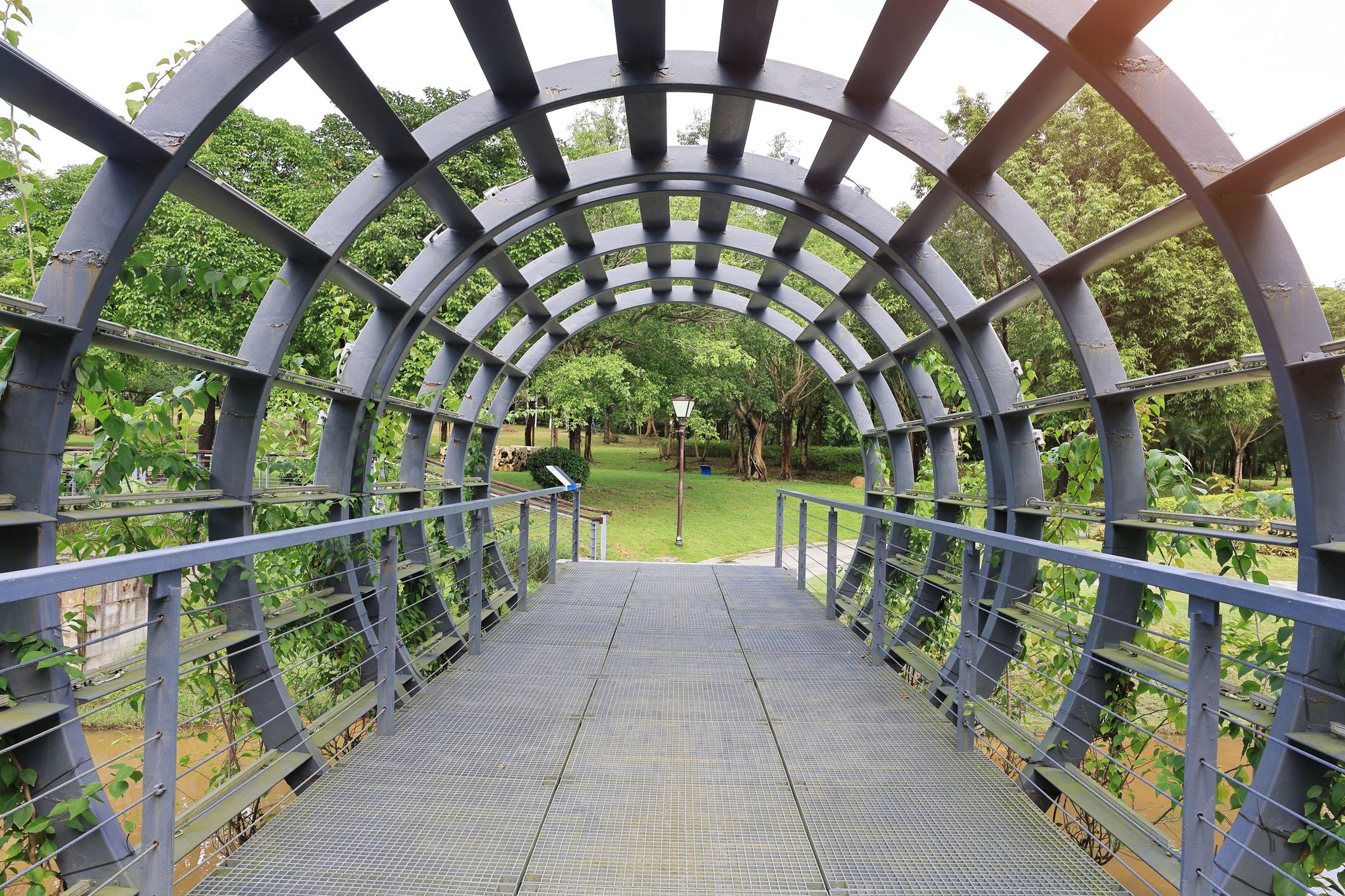 A metal arch bridge with greenery around and a lamp post in the background.