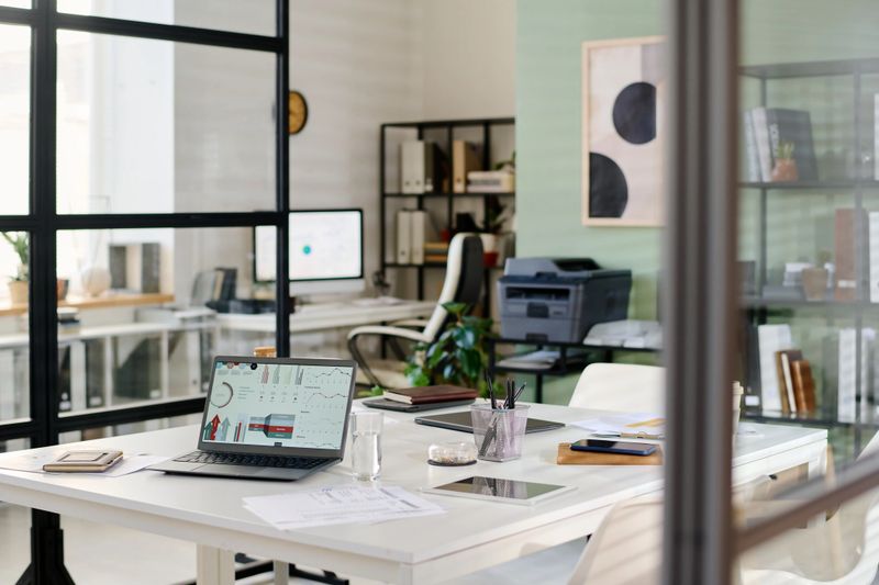 Modern office interior featuring an open workspace with glass partitions, workstations, and greenery enhancing a productive environment. Equipment includes laptops, shelves, and printers