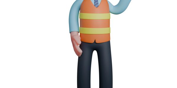 3D character in safety vest waving.