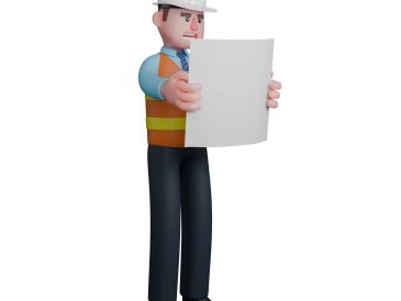 3D construction worker holding a blueprint or plan.