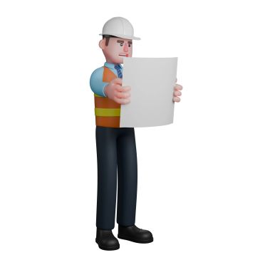 3D construction worker holding a blueprint or plan.