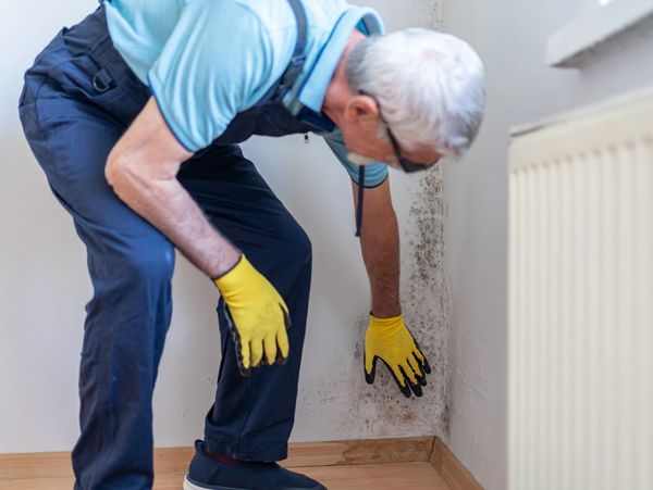 Man inspecting mold on a wall corner wearing yellow gloves.