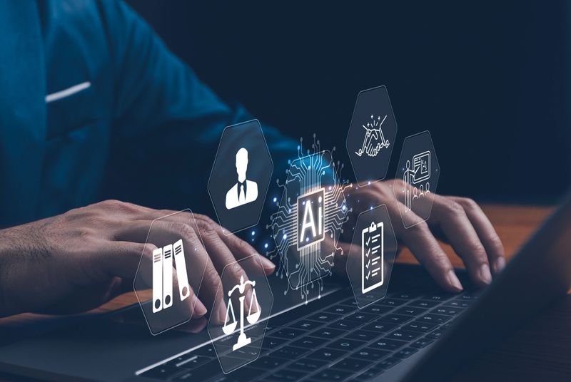 AI Laws and Regulations Concept: A hand typing on a laptop with digital screen, representing artificial intelligence, legal standards, ethics, and regulatory compliance. Visual symbolizes law.