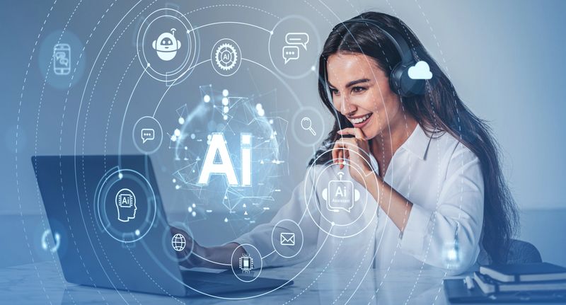 Woman wearing a headset, using a laptop, surrounded by futuristic AI concept icons, on a blue background, symbolizing technology and innovation
