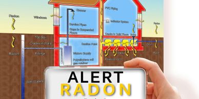 Illustration showing radon gas entering a house and a radon alert sign.