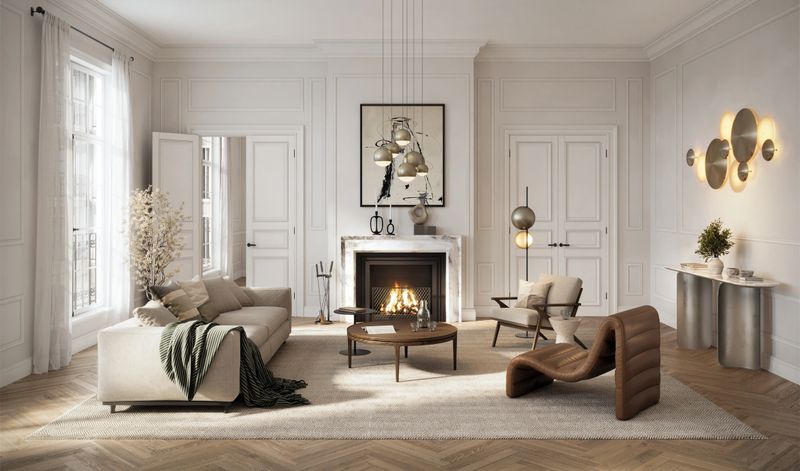Stylish living room showcasing a comfortable beige sofa, warm fireplace, and sleek lighting fixtures. The soft tones and large windows enhance the modern, airy ambiance.