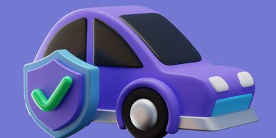 Purple cartoon car with a shield and checkmark symbolizing protection.