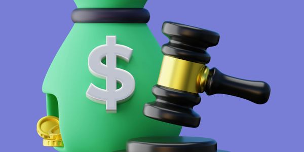 3D illustration of a gavel and money bag symbolizing financial legal matters.