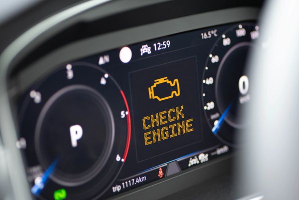 Car dashboard displaying a check engine warning light.