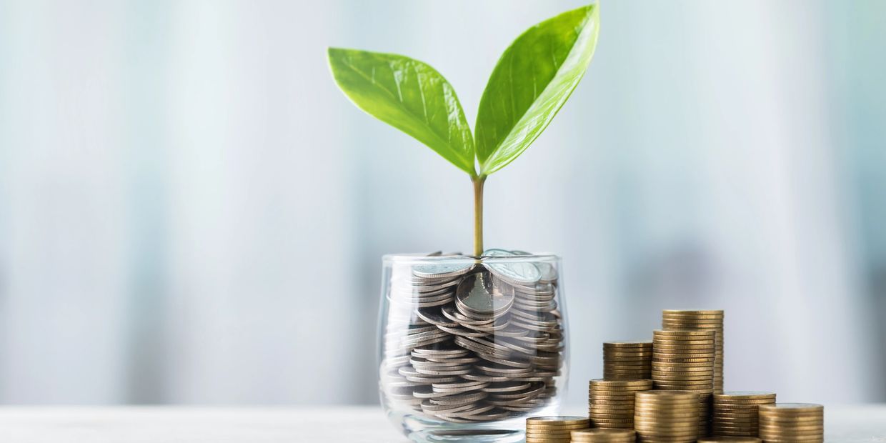 A small plant growing from a jar filled with coins, symbolizing financial growth.
