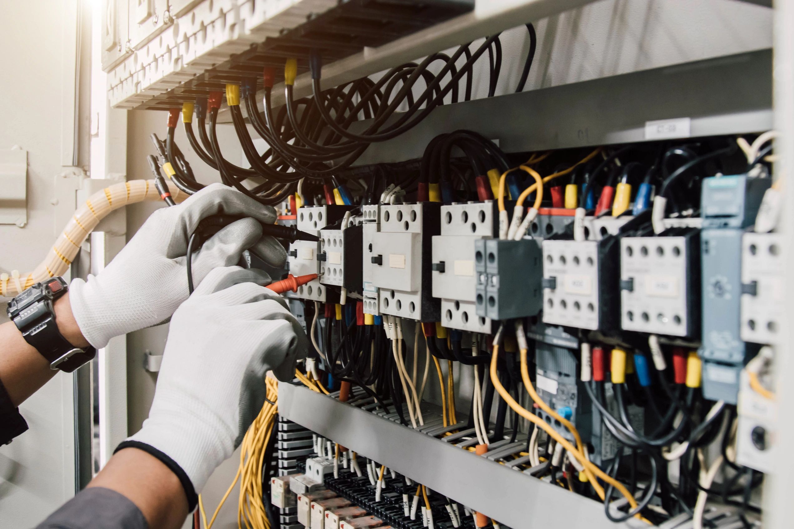 A team member of Azdea Group rewiring a house for electrical services in Indian Wells, CA.