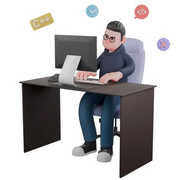 3D illustration of a programmer coding at a desk with C++ and code icons.