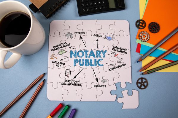 Puzzle with notary public concepts surrounded by office supplies and coffee.