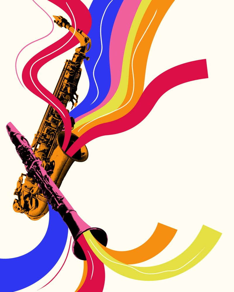 Saxophone and clarinet duo Saxophone and clarinet playing together against light background with multicolored elements. Harmony of sounds. Creative art collage. Concept of music, festival, creativity