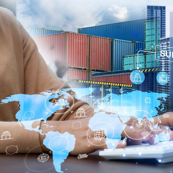 Person working on logistics with digital global shipping map and containers.