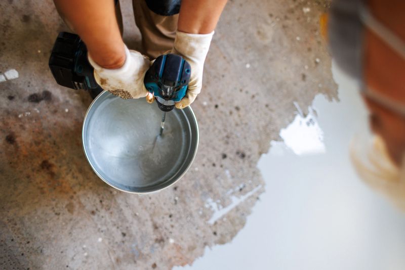 A professional worker wearing a protective mask and gloves spreads epoxy resin on a concrete floor.