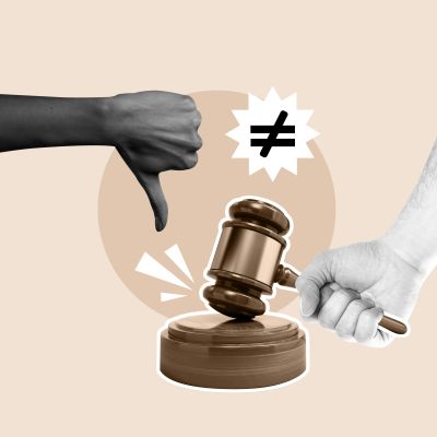 Thumbs down and a gavel with an inequality symbol.