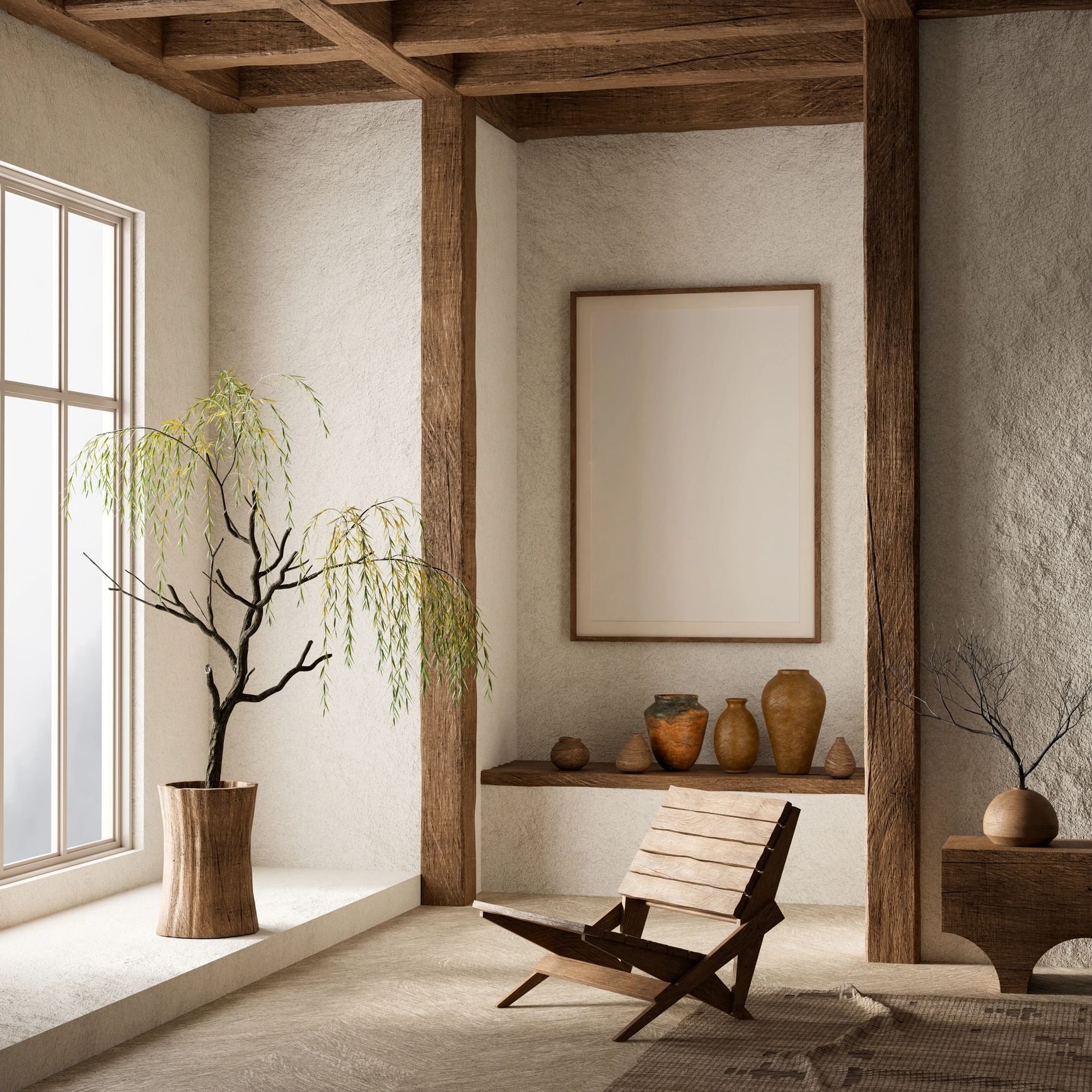 Cozy rustic room with wooden beams, pottery, and a slatted chair near a window.