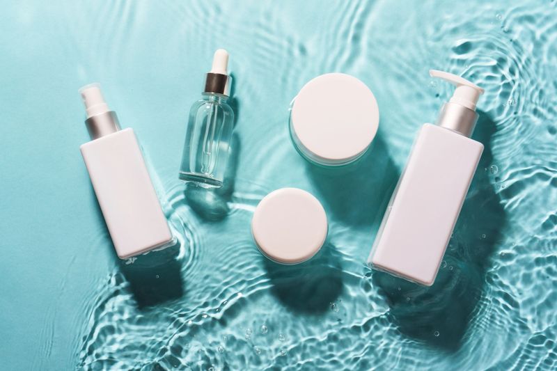 Natural cosmetic products in the water with waves on blue. Flat lay.