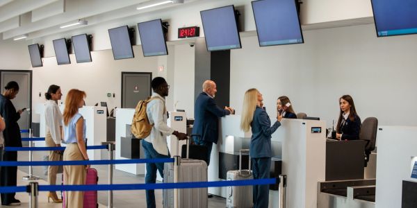 Passengers waiting in line at airport check-in counters.