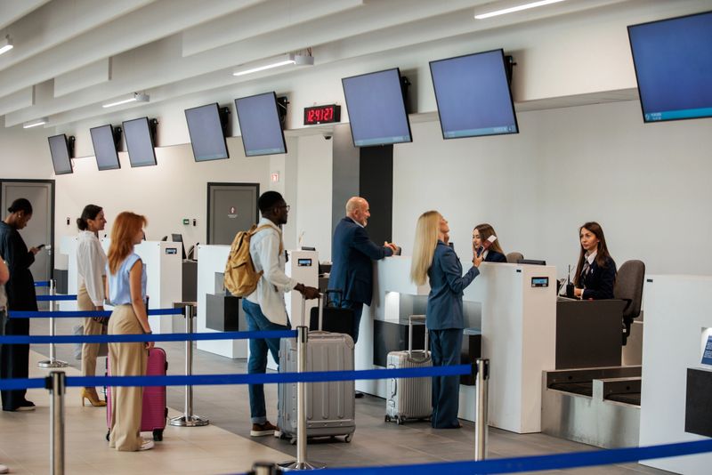 A medium multiracial group of people waiting in a check-in line at an airport terminal