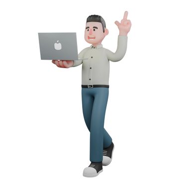 3D cartoon man holding laptop and making a hand gesture.