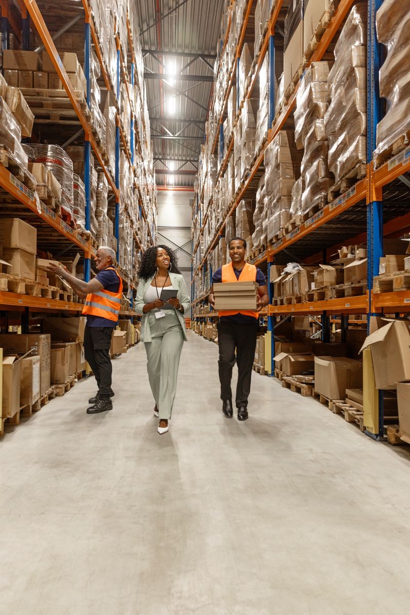 A beautiful black female warehouse manager with workers during the daily duties on site
