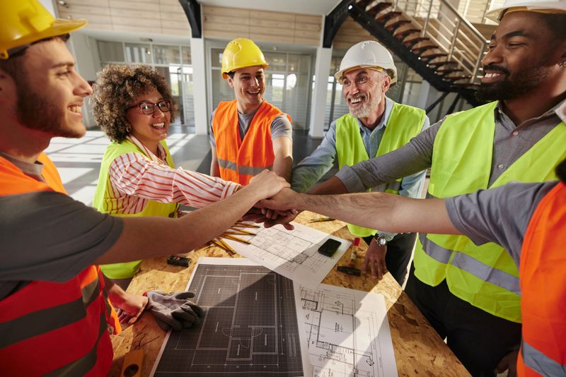 Team of happy project managers and their manual workers gathering hands in unity at construction site.